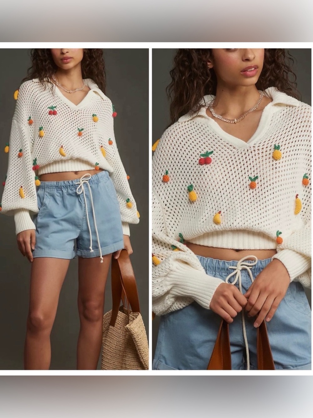 FARM RIO Oversized White Crochet Fruit Blouse size M Sweater